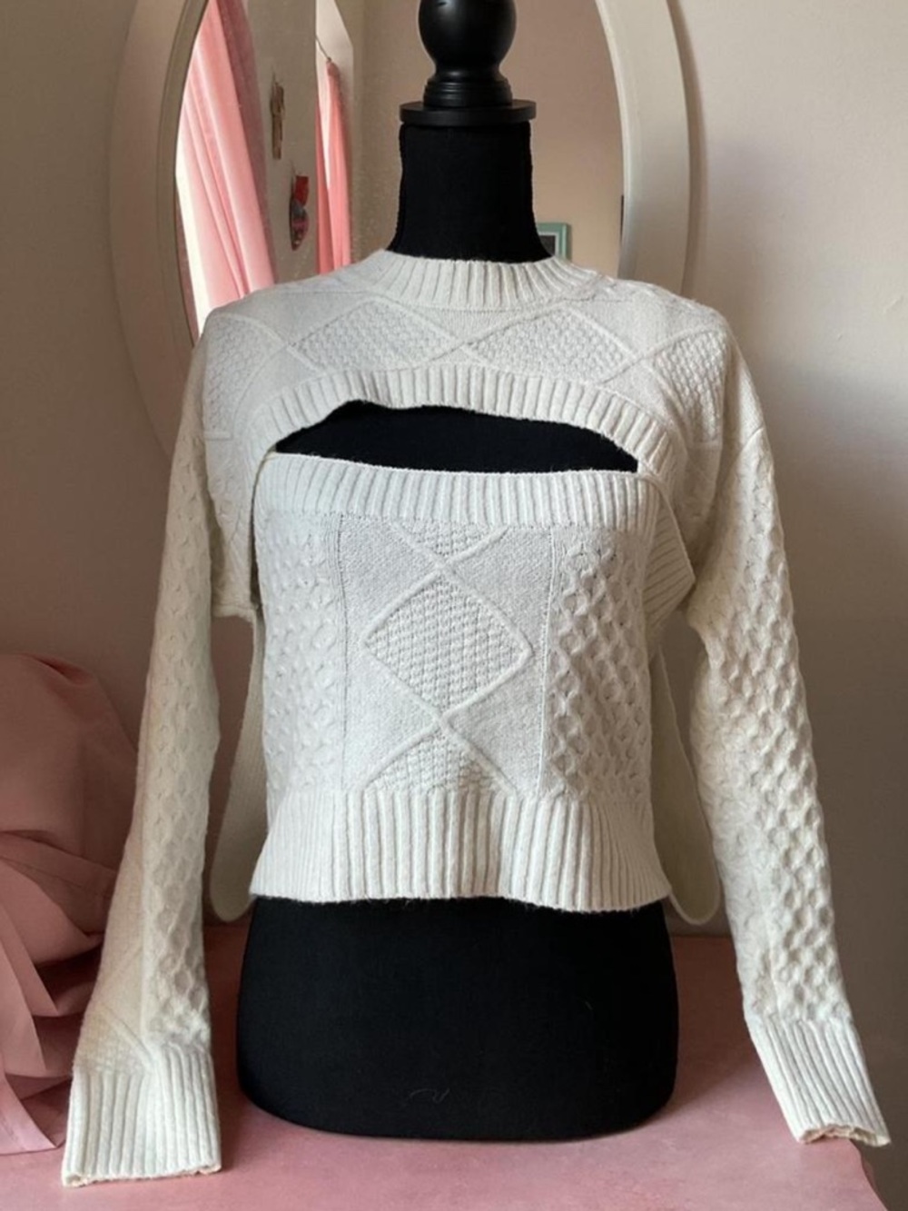 Central Park West Cream Cutout Cable-Knit Crewneck Sweater